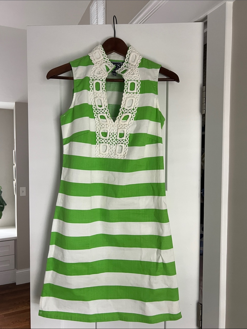 Sail to Sable Green & White Striped Sleeveless Dress with Embellished V-Neck